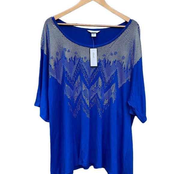CJ Banks bright blue short sleeve blouse silver embellishments size 2X NEW - Picture 1 of 8